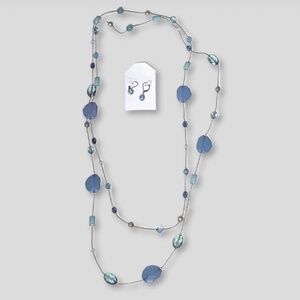 Vintage Beaded Layer Necklace Drop Earring Set Lever Closure Silver-Tone Blue OS